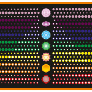 7 chakras art print showing colorful chakra symbols aligned on a meditative human silhouette.