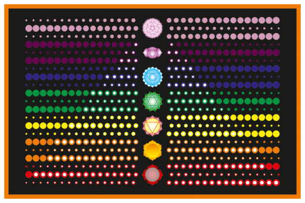 7 chakras art print showing colorful chakra symbols aligned on a meditative human silhouette.