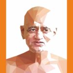 Spiritual artwork of Acharya Vidyasagar Ji with calm expression and saffron attire