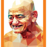 Spiritual artwork of Acharya Vidyasagar Ji with calm expression and saffron attire