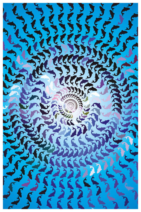 Abstract ocean wave pattern with flowing lines in blue tones