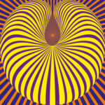 Optical illusion print with black and white dots forming a swirling effect.