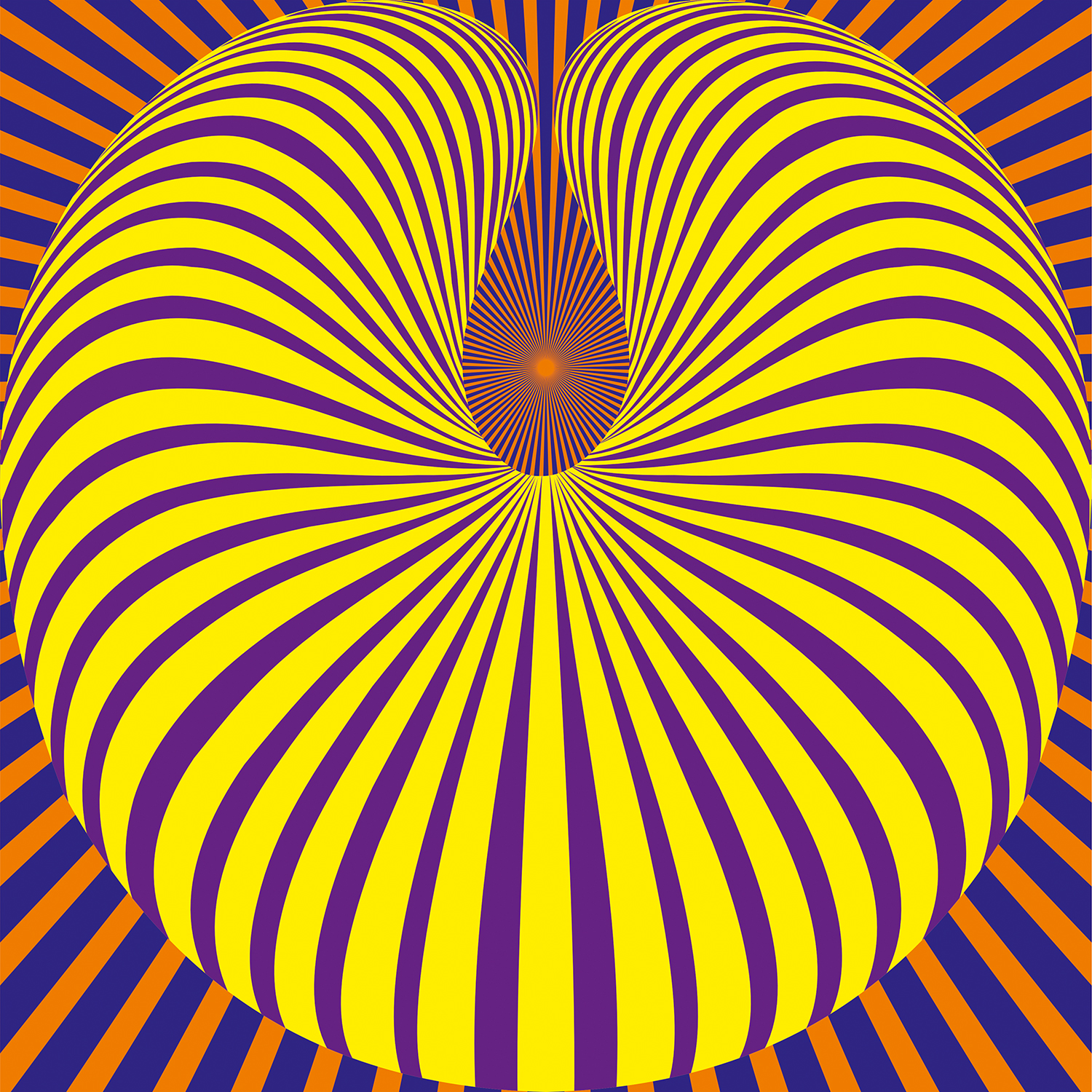 Optical illusion print with black and white dots forming a swirling effect.