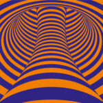 Black and white radial illusion art forming echo wave patterns.