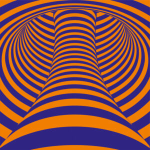 Black and white radial illusion art forming echo wave patterns.